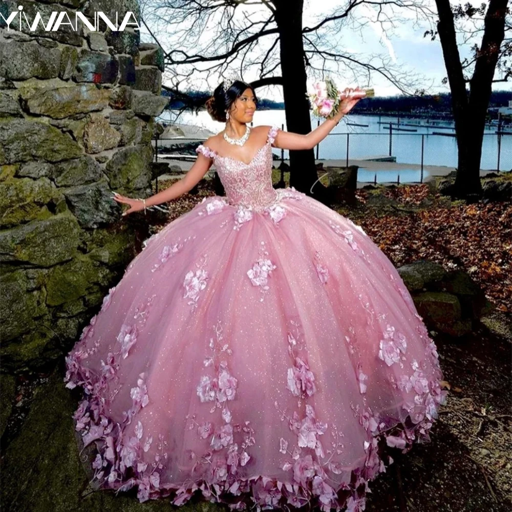 Roze Van De Schouder Quinceanrra Prom Jurken Charmant 3d Bloem Prinses Lange Glitter Pailletten Kralen Sweet 16 Jurk Vestido