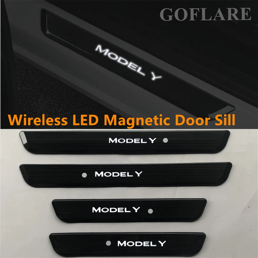 4pcs For Tesla Model Y Model 3 2024 Wireless Magnetic led light foot side door sill illuminated step scuff plate thresholds trim