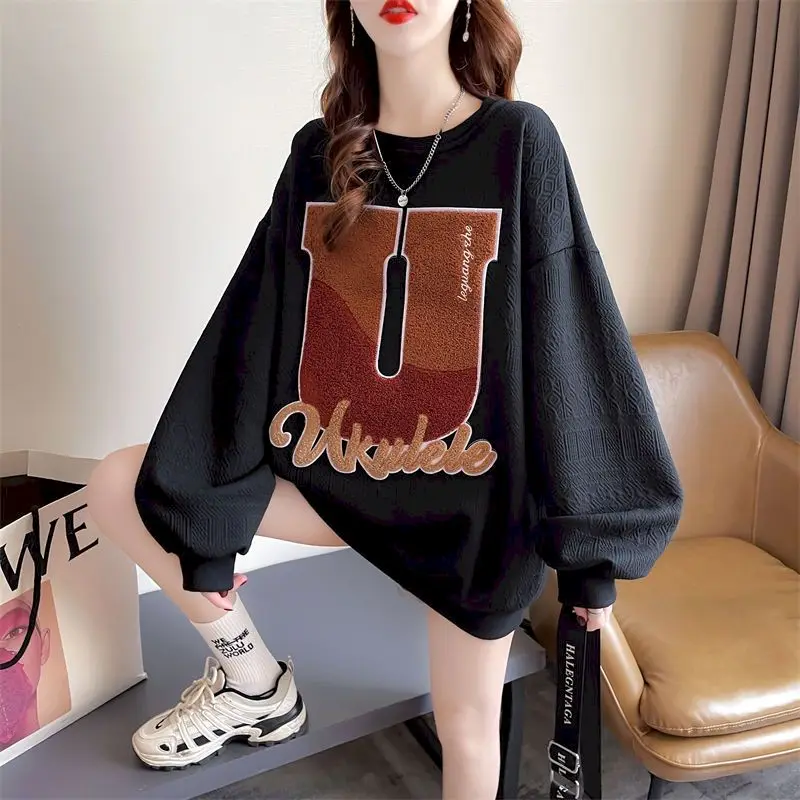 Loose Flocking Pullovers Women Fashion Jacquard Waffle Sweatshirts Spring Autumn Trend Thin Pullover Coat Casual Top Y2k Clothes