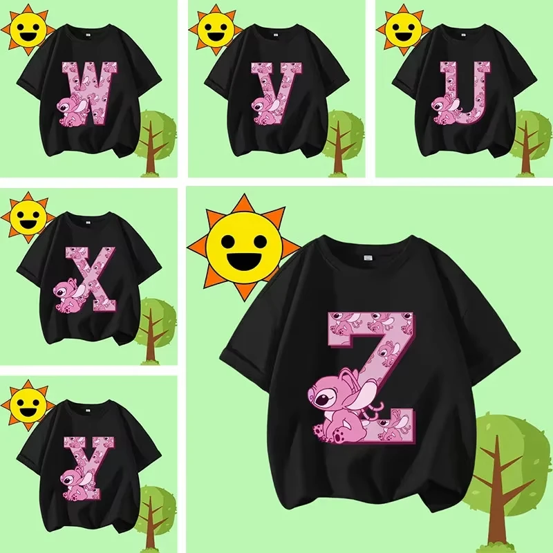 

Disney Stitch Letter A Print Summer Children's Fashion Round Neck Short Sleeved Cartoon Print Pure Cotton Short Sleeved Shirt