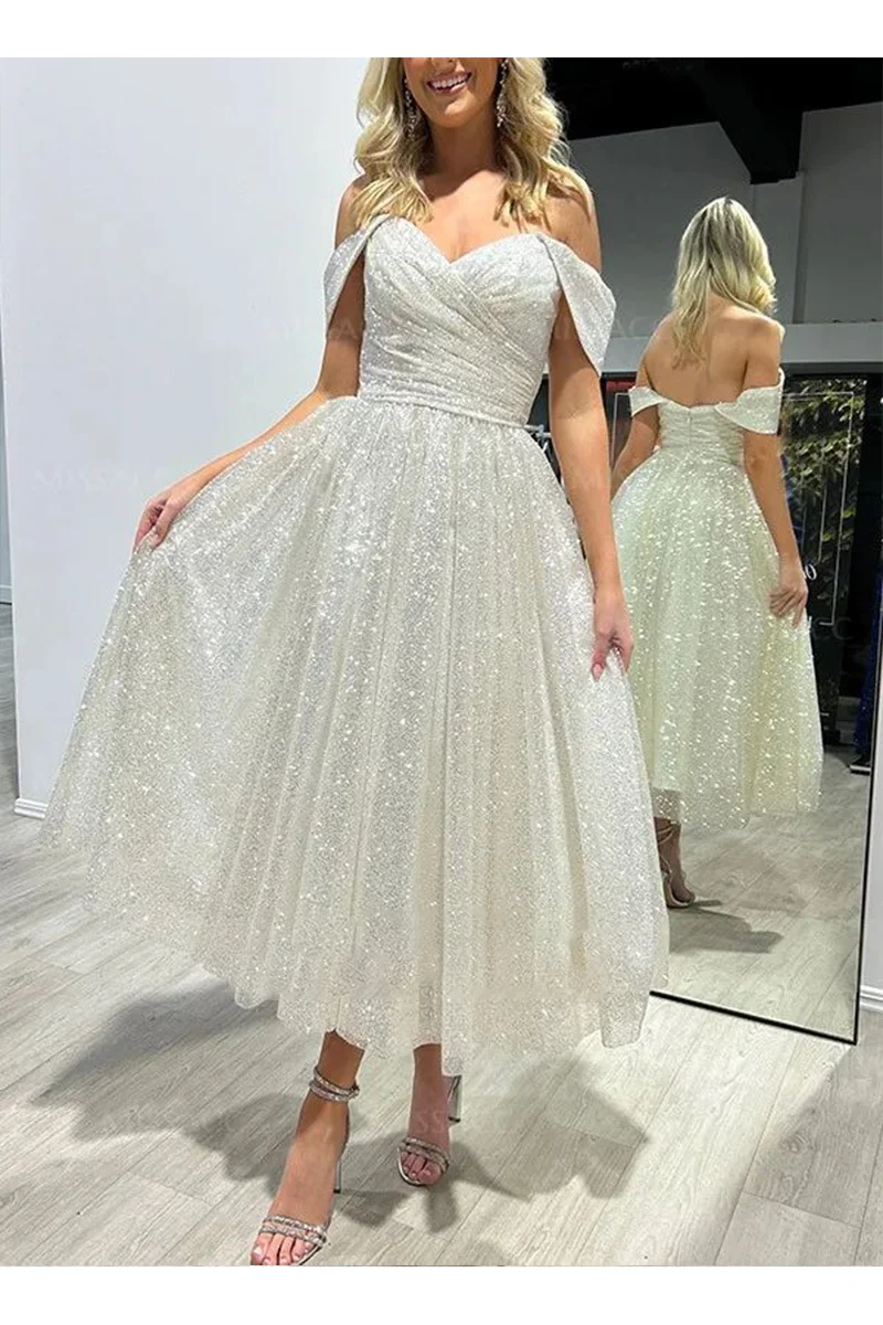 

Customized Off The Shoulder Prom Dresses White Ankle-Length Formal Quinceanera Dresses Women Party Evening Dresses Chiffon