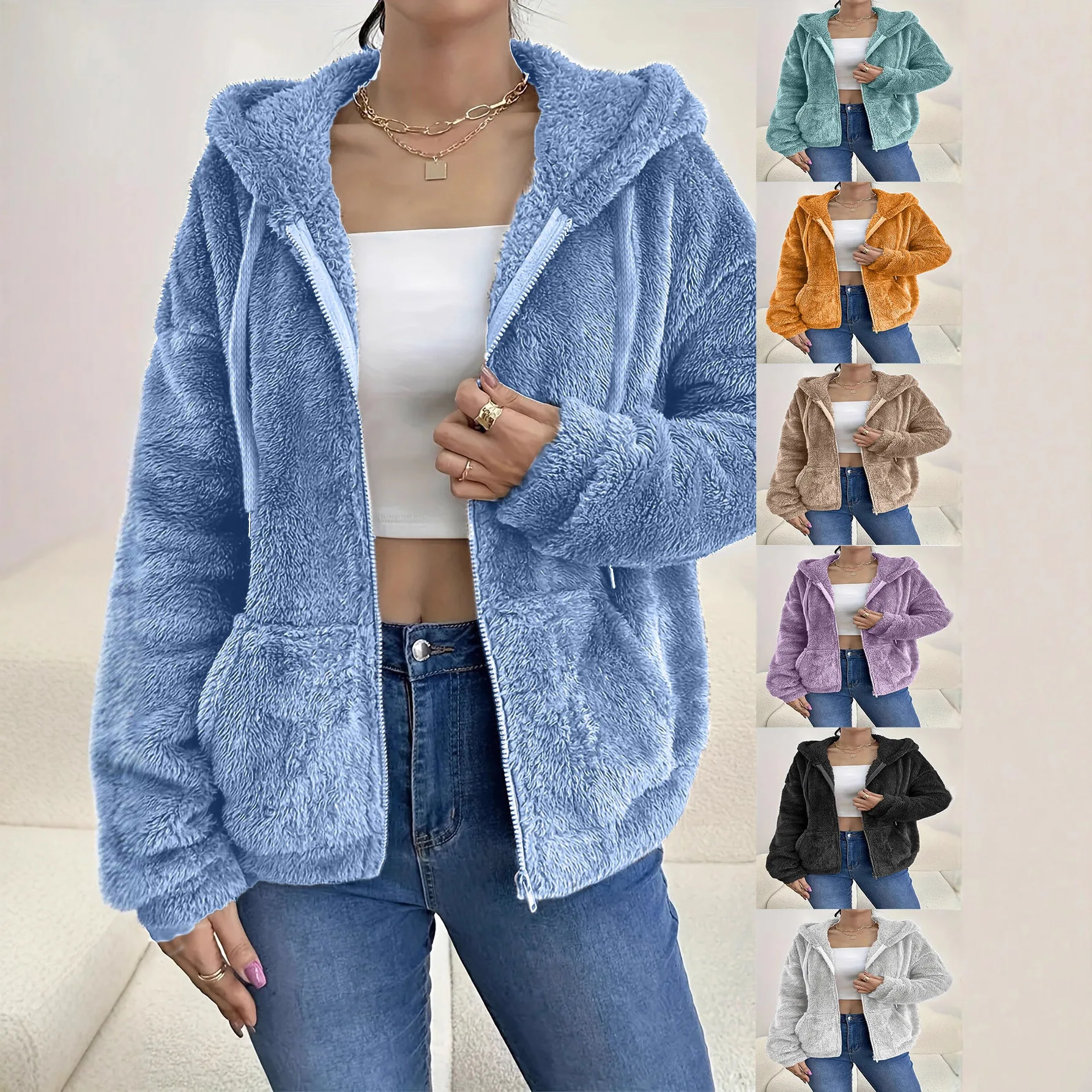 New Autumn-Winter Trendy European-Style Casual Pure-Color Pocket Hooded Zipper Pullover Cozy Loose-Fitting Plush Coat