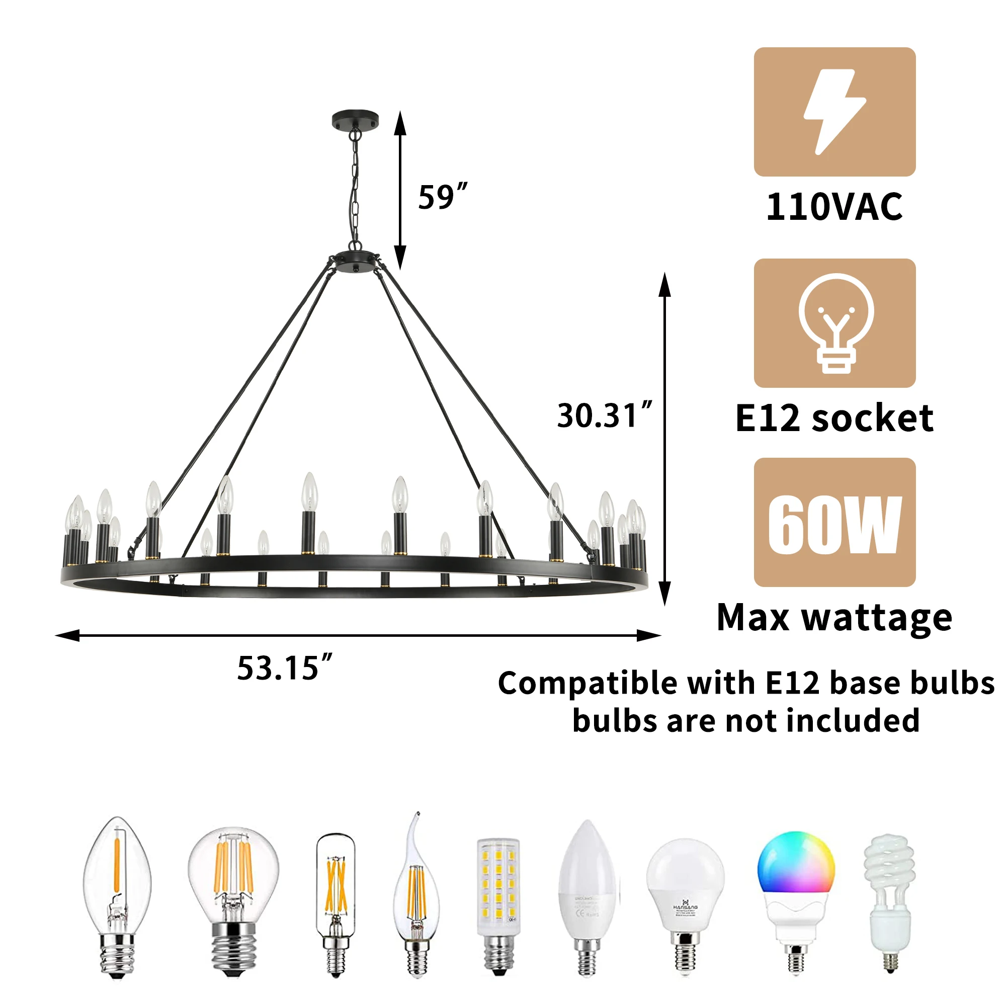 Imagem -04 - Wagon Wheel Chandelier para Sala de Estar Rústico Farmhouse Pendant Light Grandes Lustres Round Matte 54 24-light