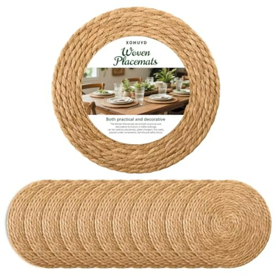 

13 in Round Woven Placemats Plate Chargers Set of, Boho Farmhouse Rustic Woven Place Mats for Kitchen Dining Party Table Decor,