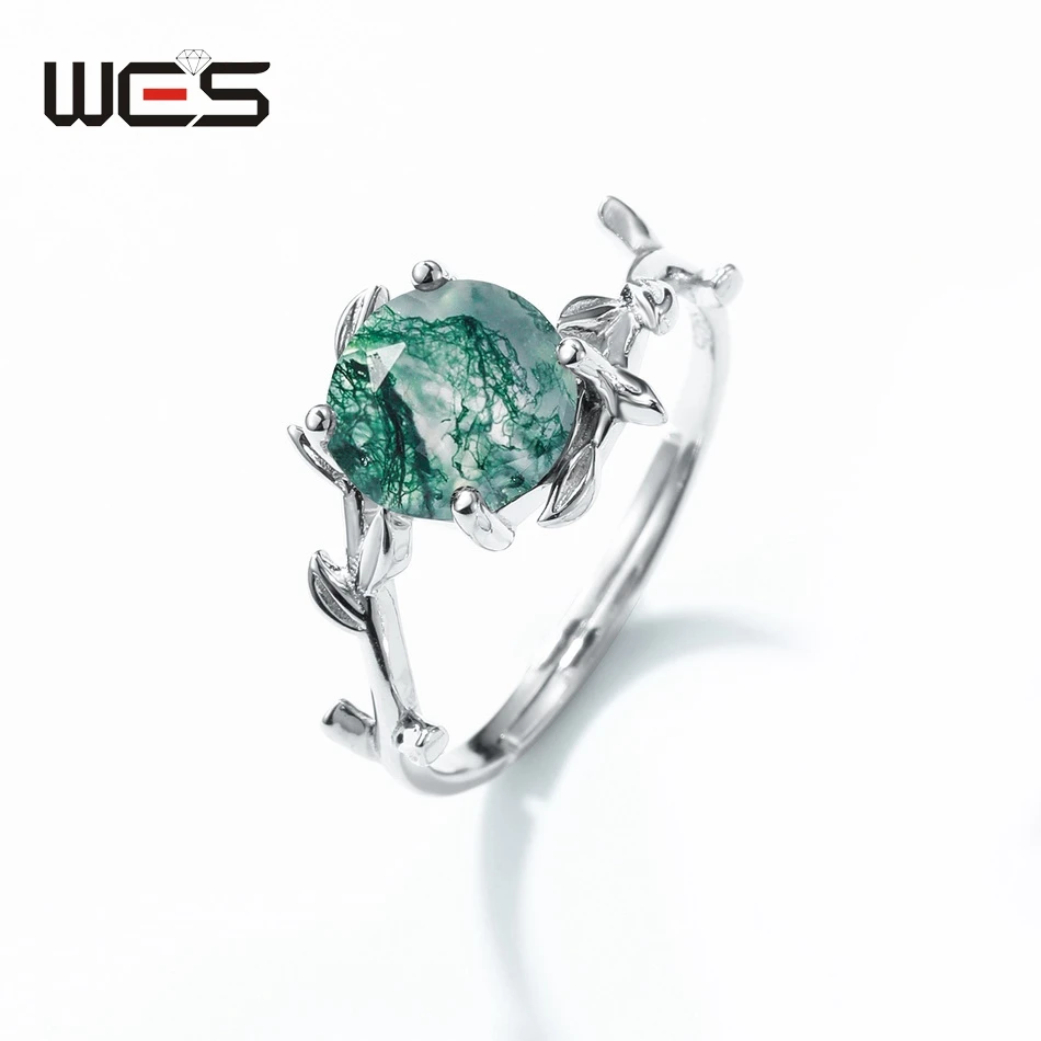 WES 925 Silver Unique Olive Branch Natural Gem 8*8mm Moss Agate Adjustable Ring Sets For Women Wedding Gifts Dainty Fine Jewelry