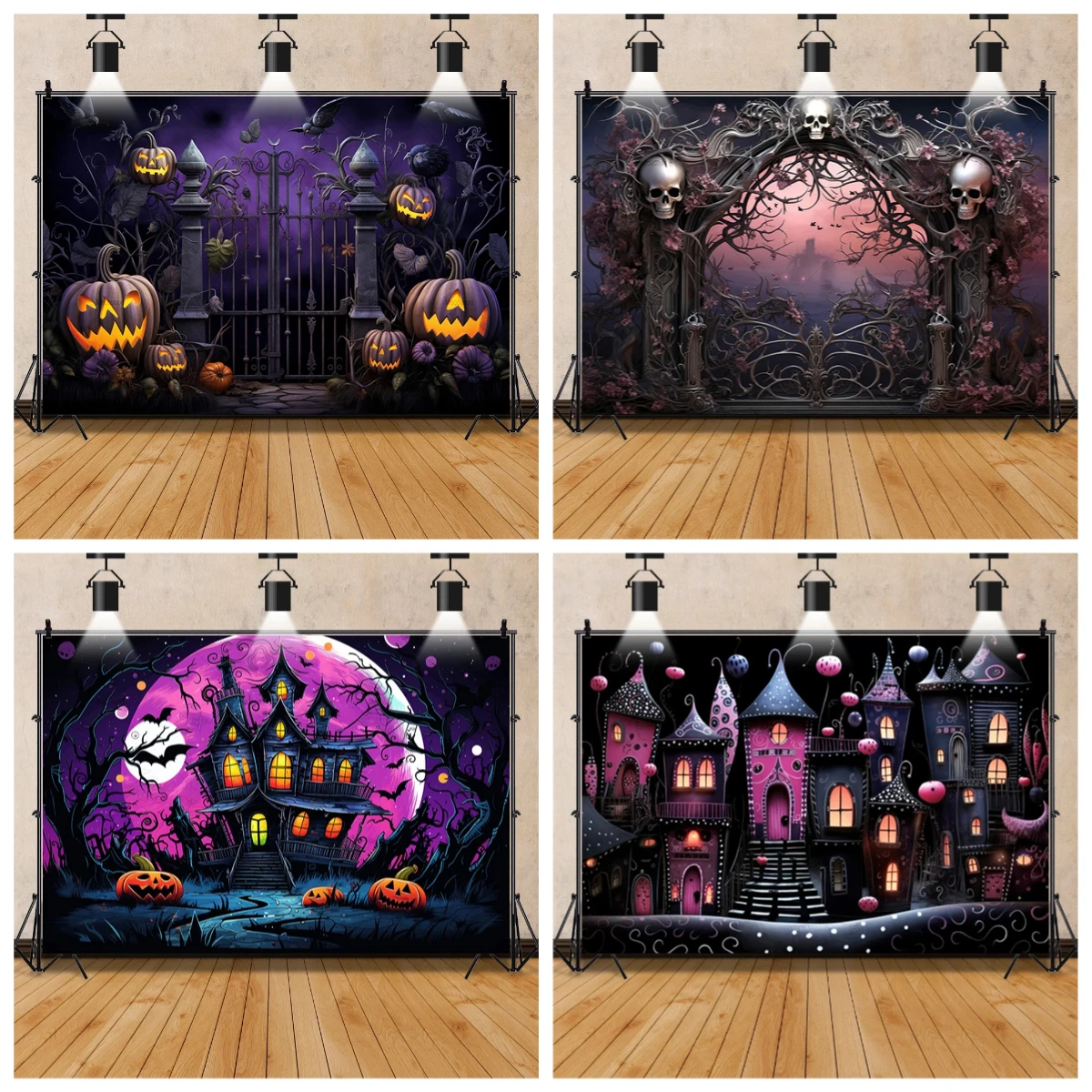 

Halloween Party Photography Backdrop Custom Horror Night Scary Pumpkin Moon Forest Castle Children's Portrait Photo Studio Props