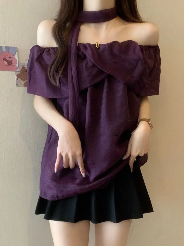

Elegant Unique One-Shoulder Hanging Neck Purple Chiffon Shirt Women's Fashionable New Summer 2025 Stylish Top Korean Style