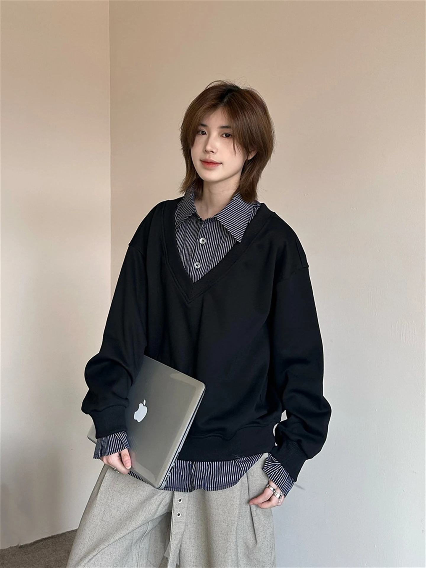 American Style Grey Heavyweight Hoodie Men's Trendy Loose Casual  Shirt Upper Apparel Fake Two-Piece Long Sleeve Autumn