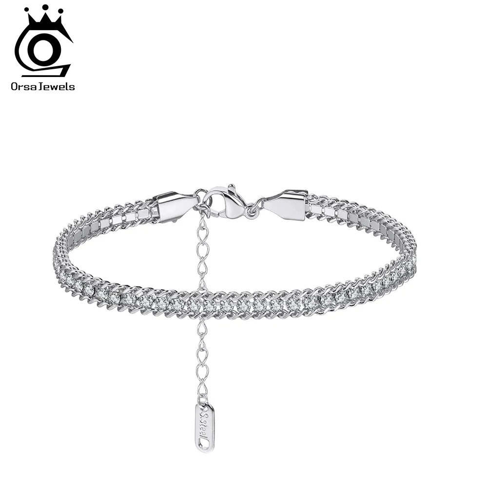 

ORSA JEWELS Stainless Steel 4mm Chain Bracelet Trendy CZ Zircon Chain Retro Dainty Party Bracelet Waterproof Jewelry STKB07