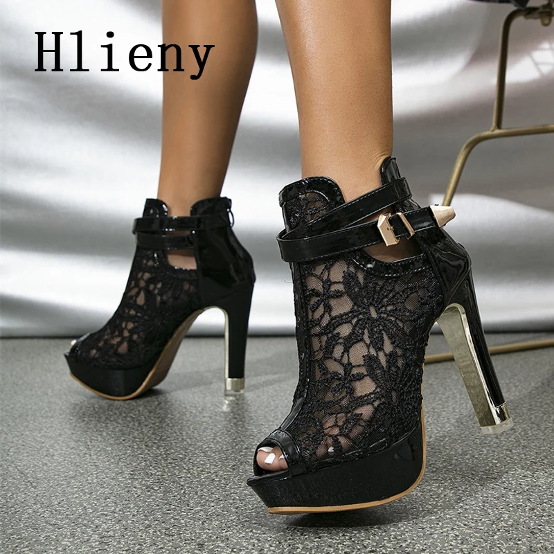 Hlieny Autumn Sexy Mesh Fabric Platform High Heels Boots Sandals Women Peep Toe Nightclub Party Stiletto Female Shoes