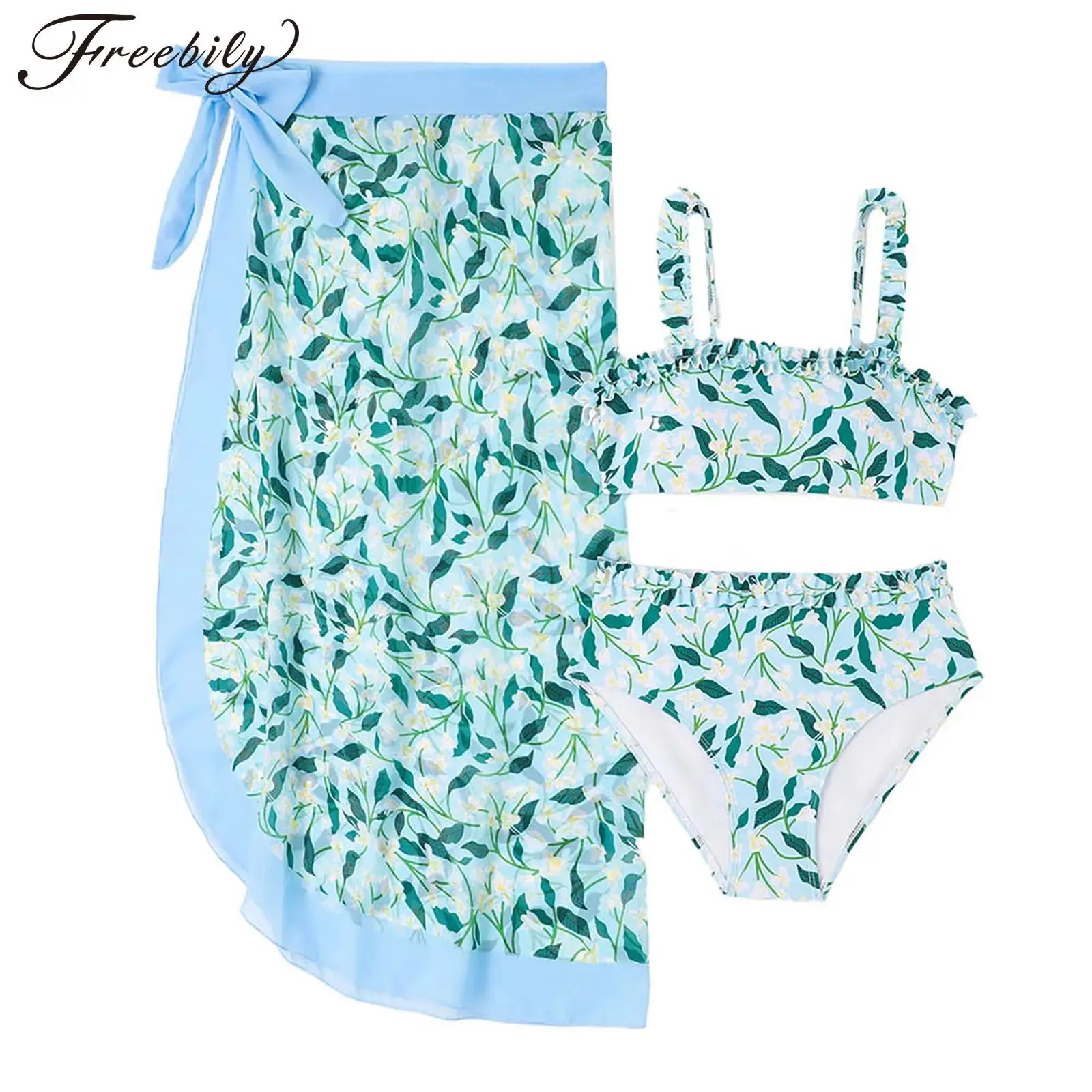 Kids Girls 3Pcs Swimsuit Print Ruffle Swim Top Bottoms with Long Cover Up Tie Wrap Skirt Swimwear Bathing Suit for Pool Party