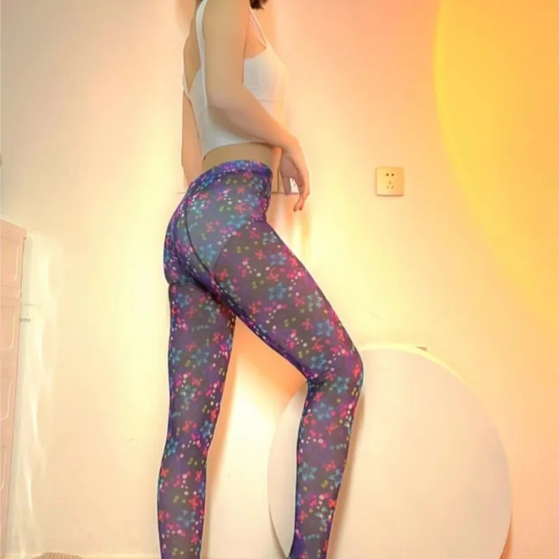 New Graffiti Floral Butterfly Printed Tights Men Women Retro Pantyhose Sexy Stretch Long Socks High Waist Stockings