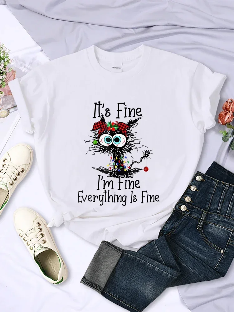 Fashion Trend Women T-shirt Its Fine I'm Fine Everything Is Fine Cats Graphic Female T Shirt Christmas Kittens Ladies Tshirts