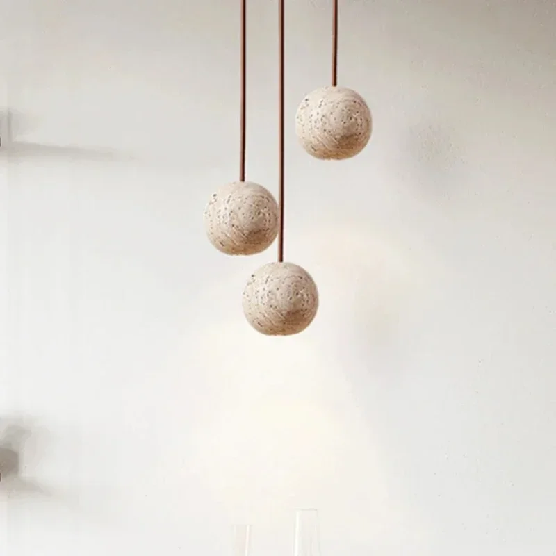Led Pendant Lamp Stone Yellow Travertine Chandelier Bedside Small Round Light Nordic Bedroom Creative Hanging Line Lighting