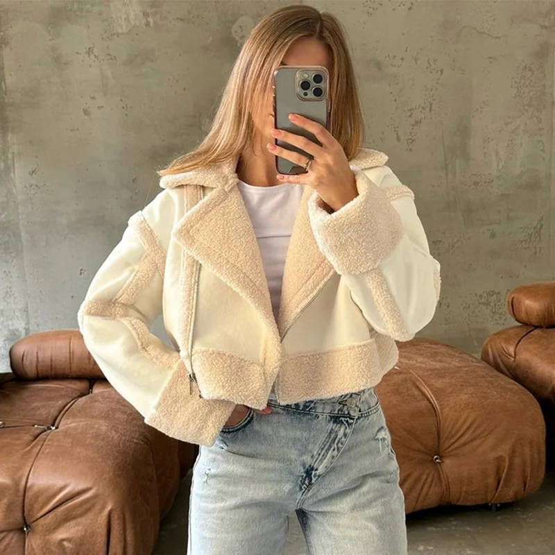 2026 Autumn New Sweet Fresh Lamb Wool Blazer Collar Patchwork Long Sleeve Women Cotton Coat Multiple Colors Optional