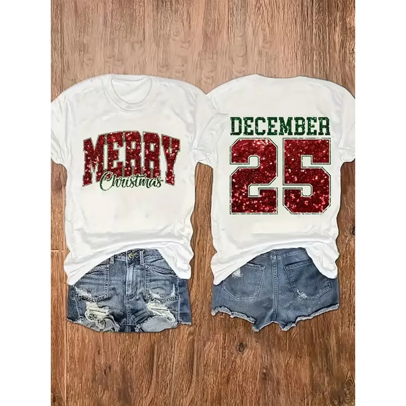 Womens White 100 Christmas Holiday Short Sleeve T Shirt Loose Fit Casual Round Neck Top With Merry Christmas Glitter Lettering Number 25 Print For Parties Casual Attire Back To Comfortable Machine Washable
