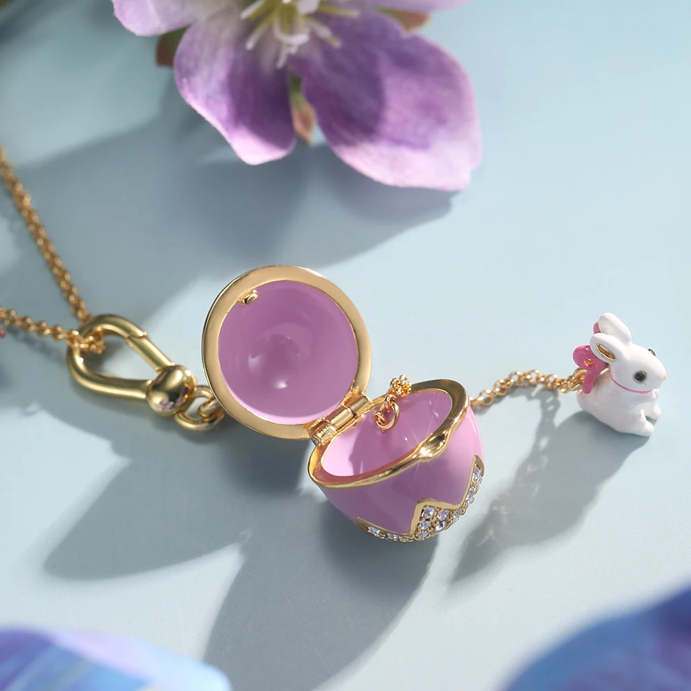 

1Pc Enameled Rabbit Egg Pendant Necklace With Openable Design,Stylish And Cute Little White Rabbit Sweater Chain,Jewelry Gift