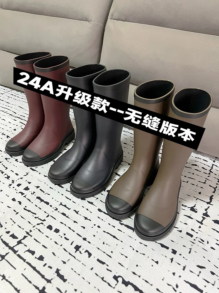Swfk Botas de lluvia altas sin costuras para mujer, botas de fondo ueso para mediana edad, botas impermeables de moda para ...