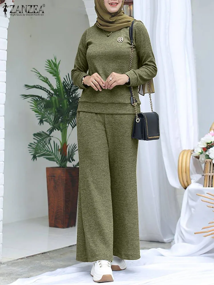 

ZANZEA Fashion Muslim Sets Woman Long Sleeve O Neck Tops Wide Leg Pants 2pcs Elegant Party Tracksuits Vintage Islamic Clothing