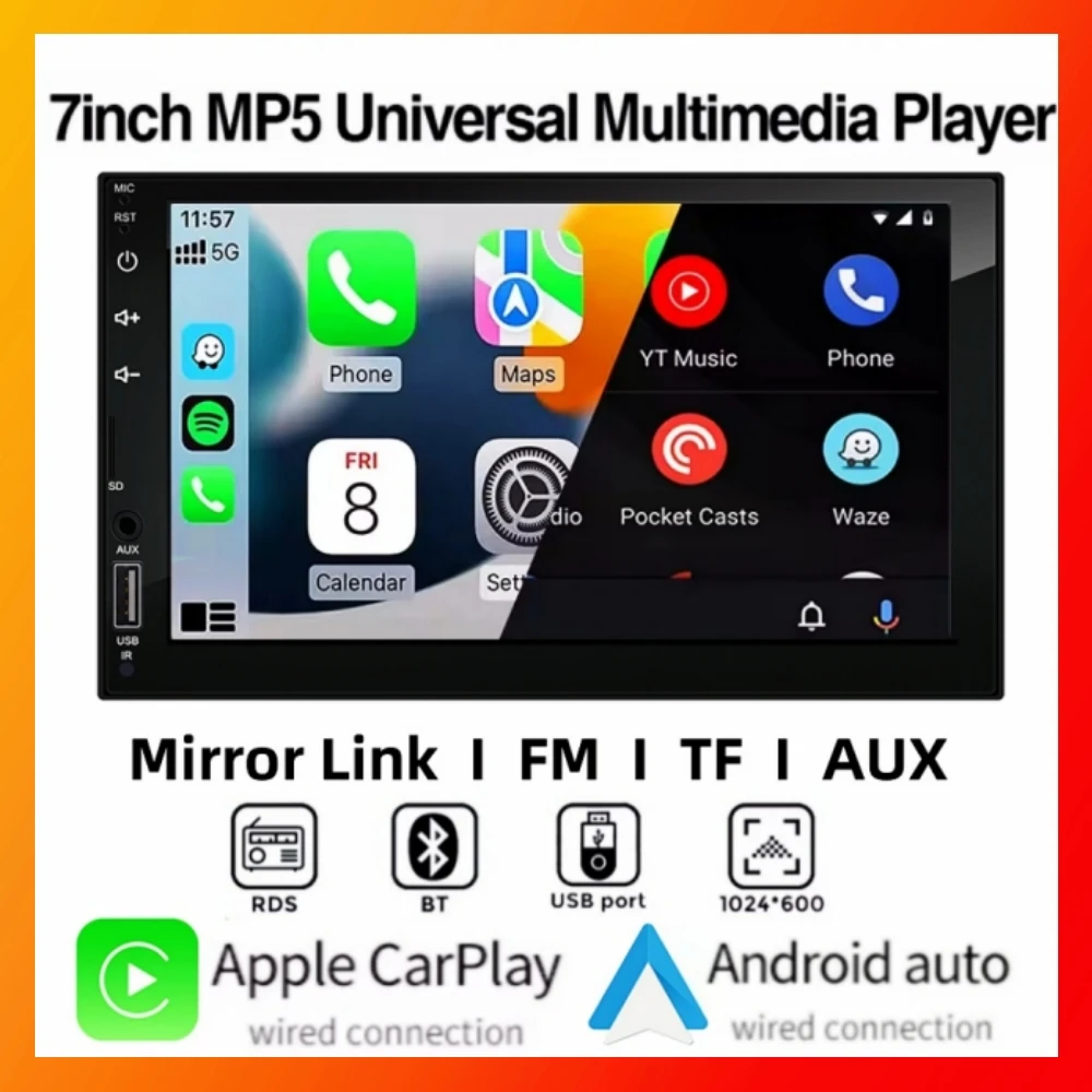 2Din 7 Inch HD Screen Full Touch Carplay Android Auto Car Raido Multimedia MP5 Player Stereo USB Bluetooth Universal Autoradio