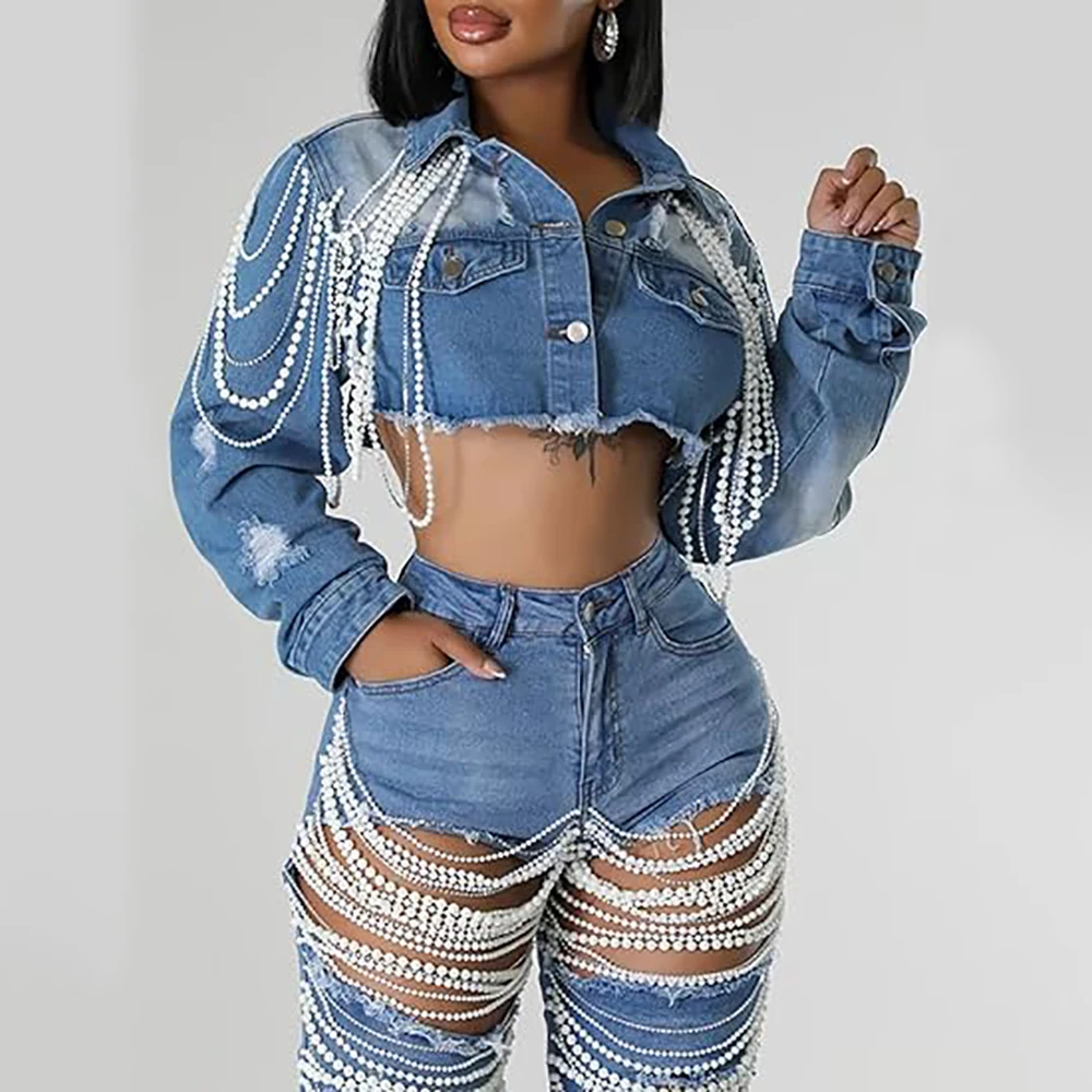 

Women Pearls Cropped Denim Jacket Ripped Single Breasted Lapel Fashion Jacket Long Sleeve Vintage Denim Female Streetwear Jacket
