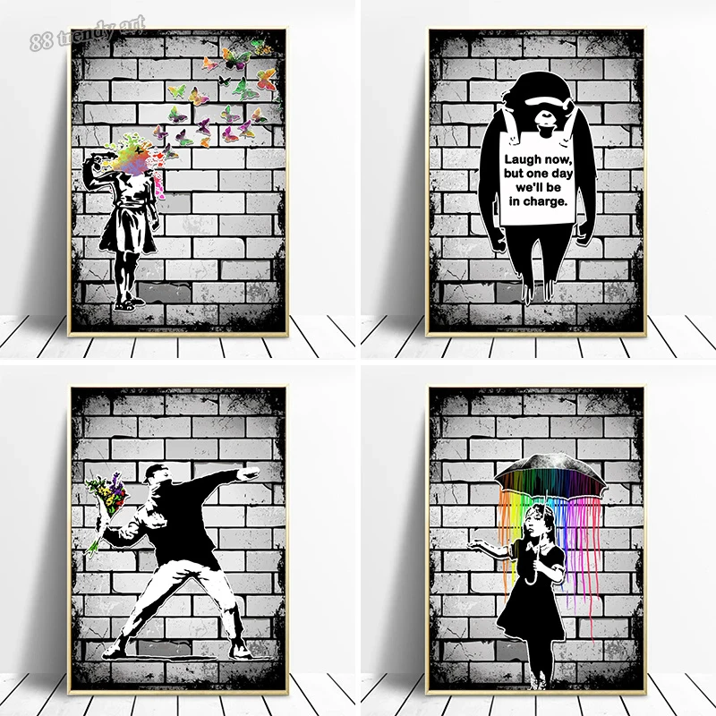 Banksy Street Art Canvas Painting Banksy Butterfly Girl,Throwing Flowers,Monkey Laugh Now Posters Cuadros Wall Art Home Decor