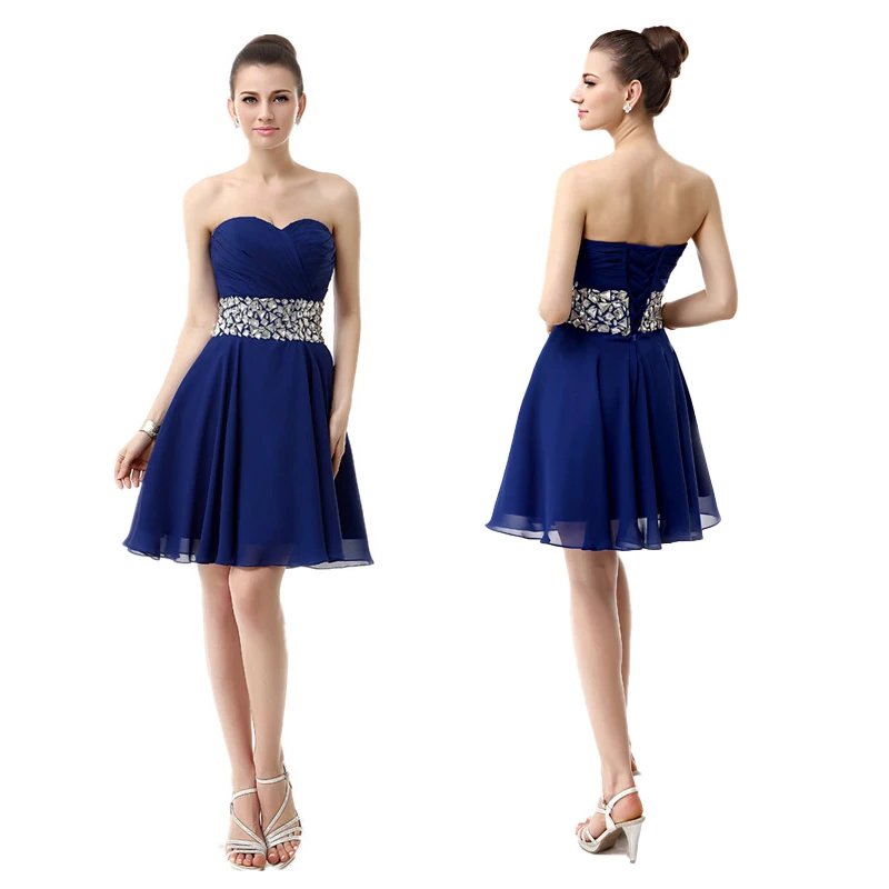 A Line Chiffon Knee Length Beads Crystals Strapless Bridesmaid Dresses Evening Wedding Party Prom Birthday Cocktail Lace Up Back