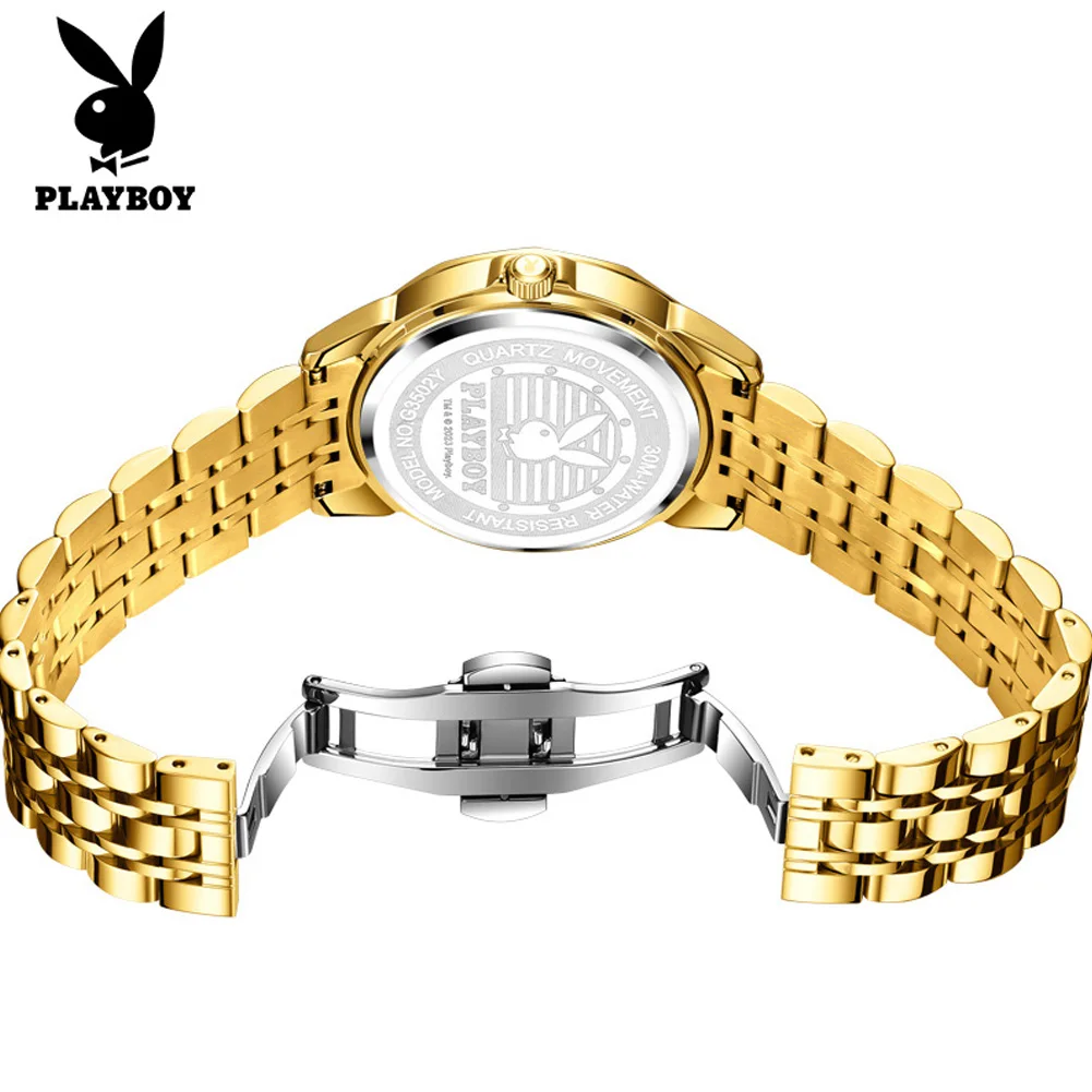 PLAYBOY 3502 Brand Original Authentic Diamond-Shaped Mirror Double Calendar Stainless Steel Strap Women's Quartz Watch