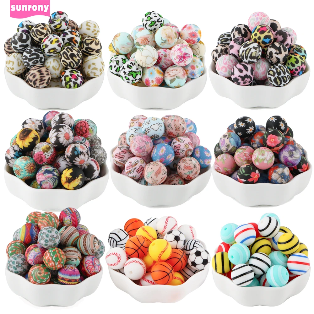 

20Pcs/Lot New Printed Silicone Beads 15mm Leopard Flower Bead DIY Necklace Bracelet Keychain Accessorie For Jewelry Making