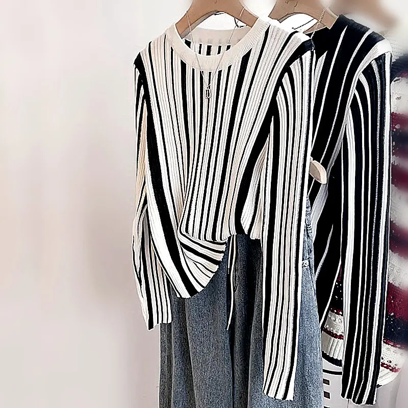 

Runway Autumn Women Sweaters Black White Stripped Casual Party Knitting Pullover O Neck Basic Nice Sweaters Tops NZ196