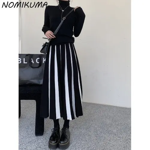 

Nomikuma Vintage Contrast Color Knitted Pleated Skirts Women Autumn Winter 2023 Bototms Elegant High Waist A-line Sweater Skirt