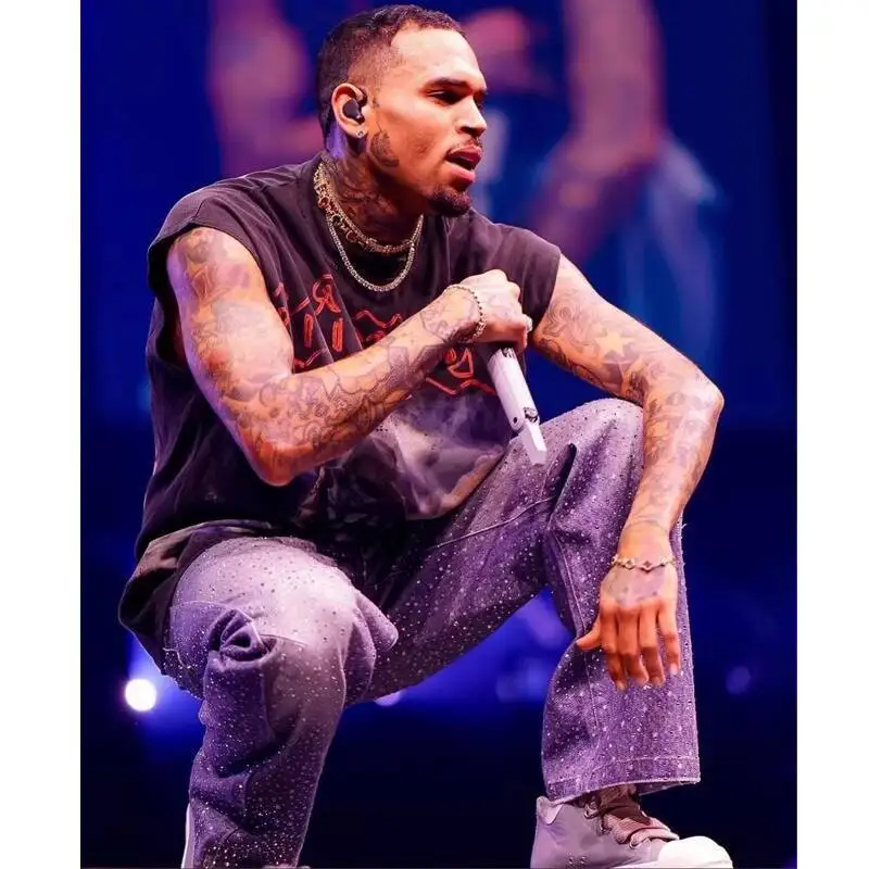 MWJLPWQ American Hip Hop Rhinestone Jeans Men's Trend Vintage Printed Design Streetwear Loose Straight Wide Leg Pants Tide 20254