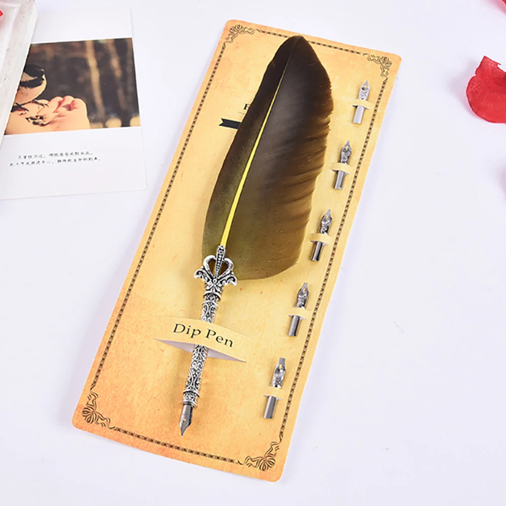 1 Pcs Card mounted retro natural feather fountain pen wholesale dipping pen business gift student supplies signature pen