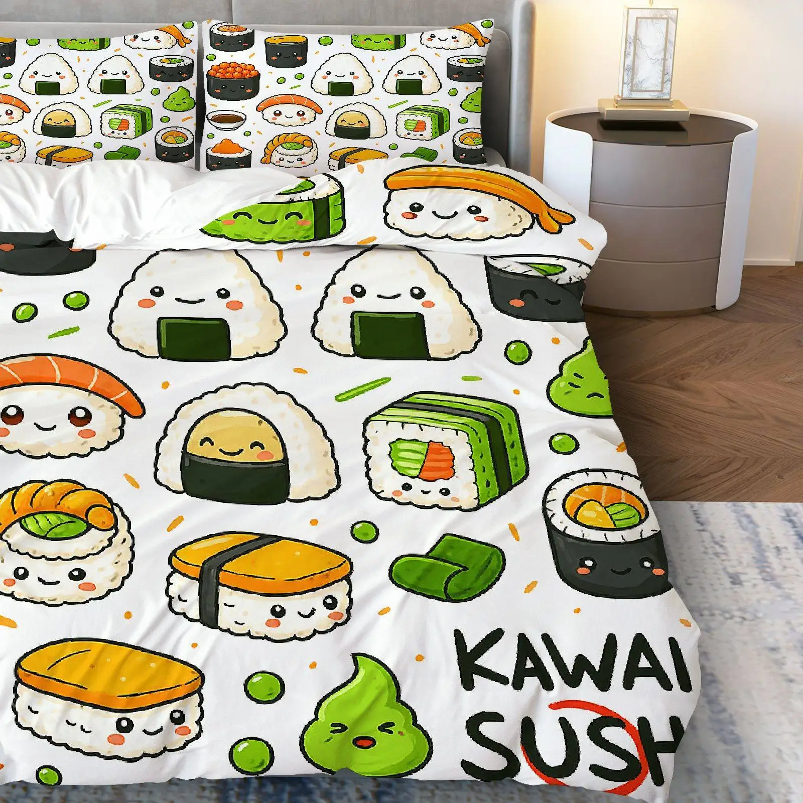 Customize 3pcs Bedding Including 1 Duvet And 2 Pillowcases (Filler Not Included), Featuring a Cute Kawaii Sushi Food Theme, Perf