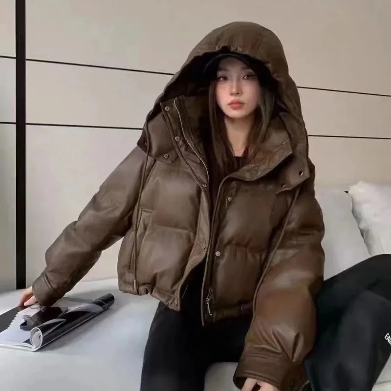 PU Leather Wintertime Short Female Disposable Hooded Down Jacket Loose New Style Fashion Bread Maillard Coat Leather Jacket