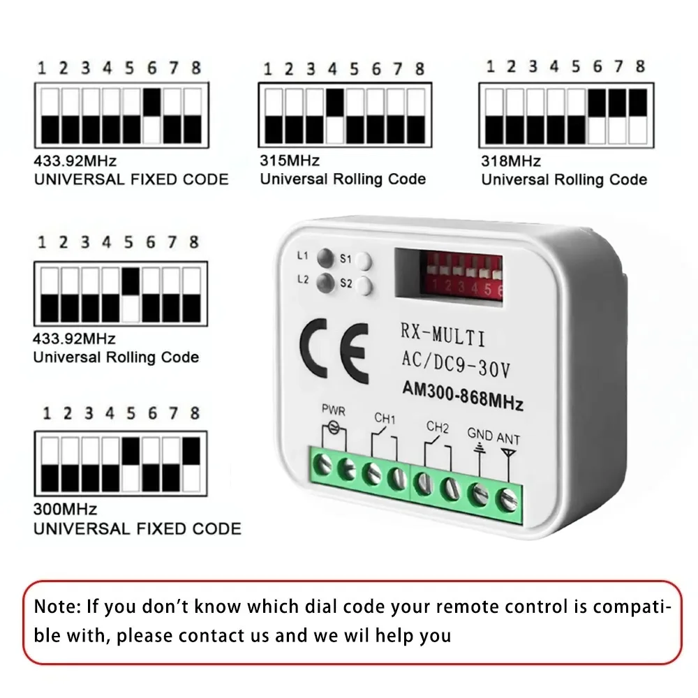 Multi Frequency 300-868MHz Wireless Switch AC/DC 9V-30V 2CH Relay Receiver RF433 Remote Control For Door Electromagnetic lock