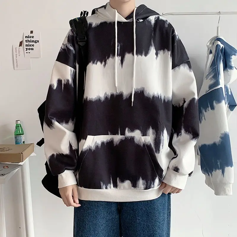 

Autumn Winter Fleece Sweatshirts Casual Fashion Tie Dye Men's Clothing Youthful Vitality Hooded Drawstring Loose Basic Hoodies