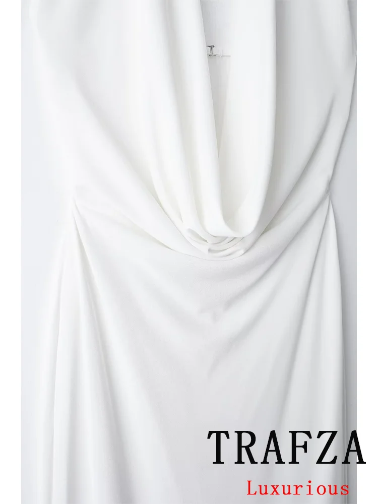 TRAFZA Sexy Deep V Neck Women Dress Solid Sleeveless Halter Backless Folds Straight Vestidos New Fashion 2024 Summer Party Dress