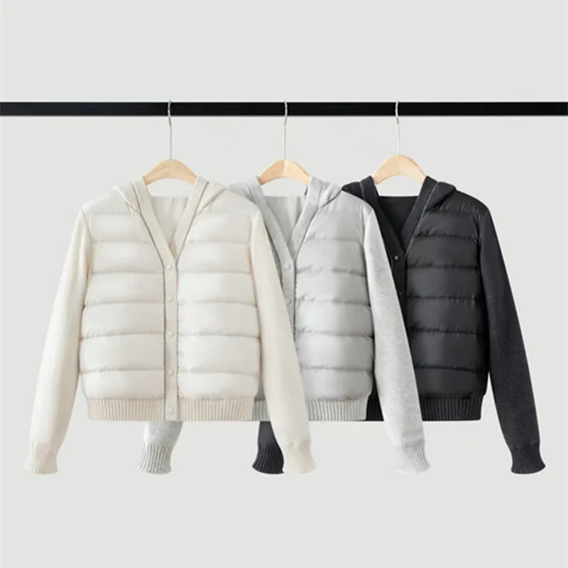 26 Autumn Winter New Arrival Cashmere Patchwork Hooded Down Jacket Coat