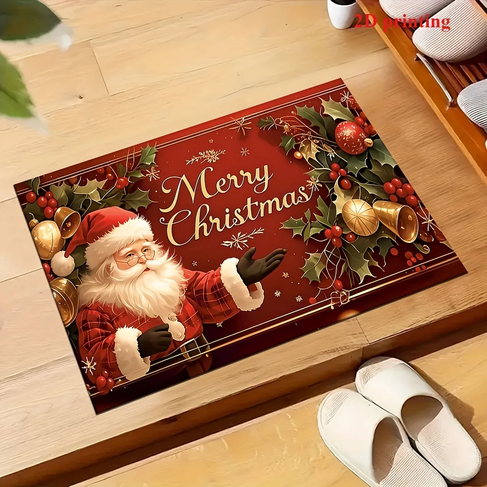 VIKAMA Christmas Doormat Non‑Slip Front Entrance Rug Washable Indoor Outdoor Xmas Bell Holly Berry Holiday Mat Anti-Slip Door