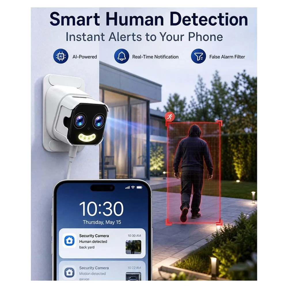 B24B Dual Lens 10X ZOOM 5G WIFI Camera HD 10MP Bidirectional Intercom Mobile Detection US Plug