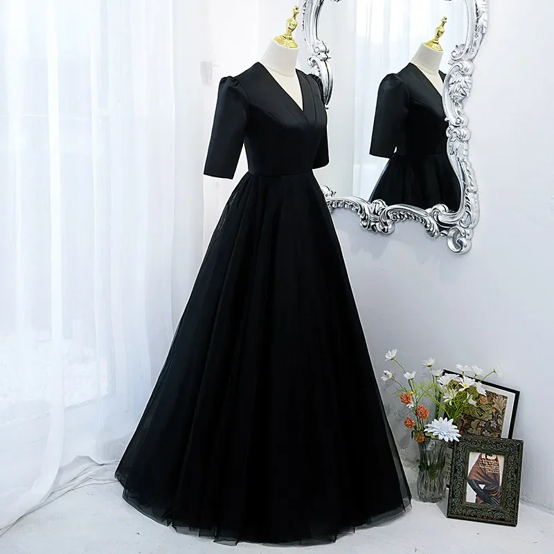 Evening Dress Elegant Half Sleeves Simple V-Neck Empire Floor-Length Zipper Back A-Line Black Party Formal Dresses Woman B1292