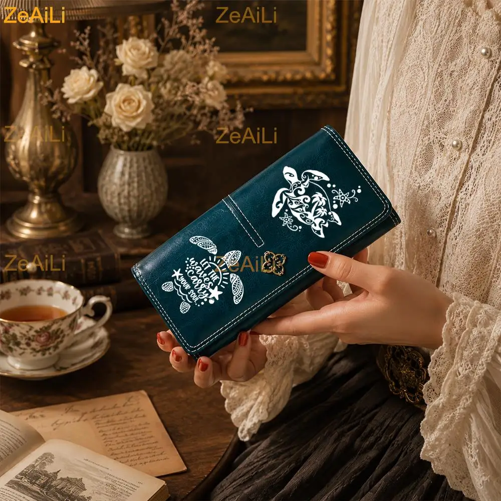 Minimalist White-line Sea Turtle Women Wallet Luxury Long Purses for Cards Holder Wallets with Zip Coin Pocket Ladies Handbags