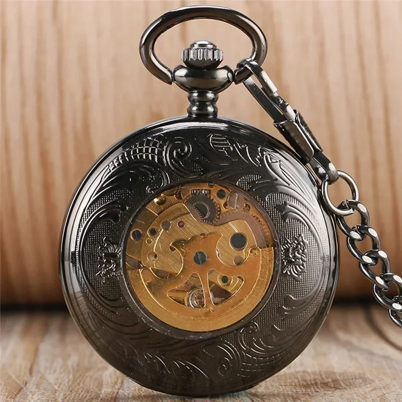 Steampunk Black Pocket Watch Skeleton Automatic Mechanical Watches for Men Women Arabic Number Half Hunter Clock Pendant Chain