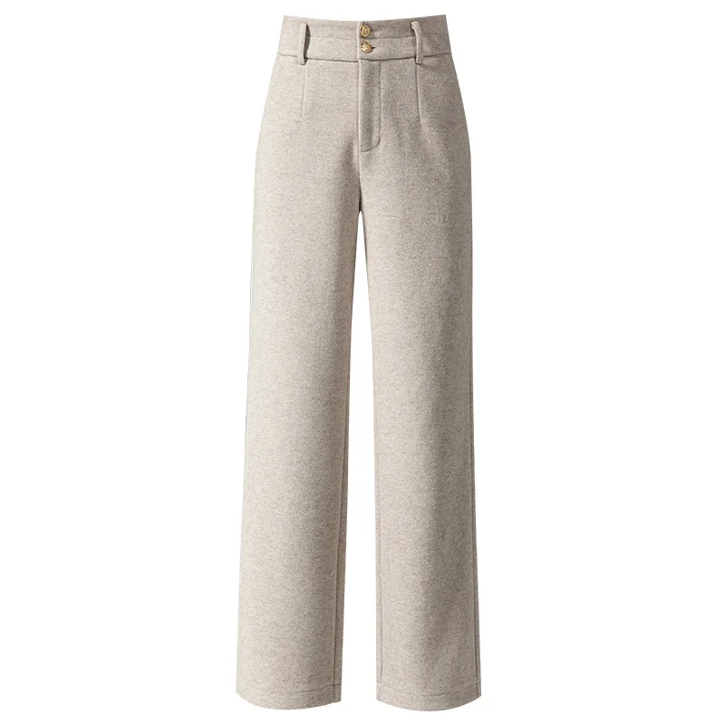 Women's Straight Leg Woolen Pants Thicken Warm Winter Autumn Office Lady Cotton Wool Long Trousers Plus Size
