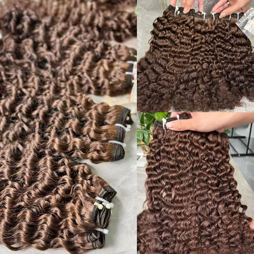 Chocolate Brown Deep Wave Bundles Human Hair Double Weft Deep Curly Human Hair Weave Bundles Deal 100% Raw Human Hair Extensions