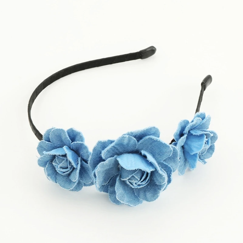 

652F Sweet Headbands Washed-Denim Rose Shape Headband Fashion Headwear Multipurpose Yoga Sports SPA Hair Hoop for Woman