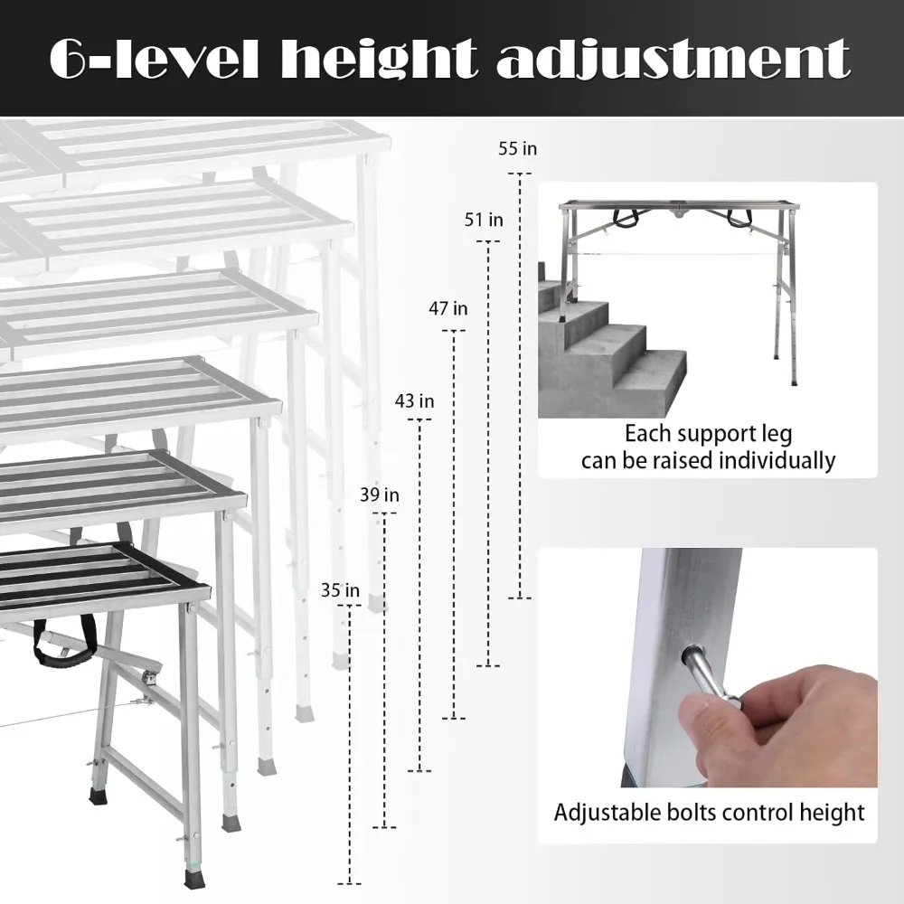 منصة سقالات قابلة للطي بارتفاع قابل للتعديل - سلم فولاذي محمول لإصلاح وصيانة المنزل، بطول 35-55 بوصة