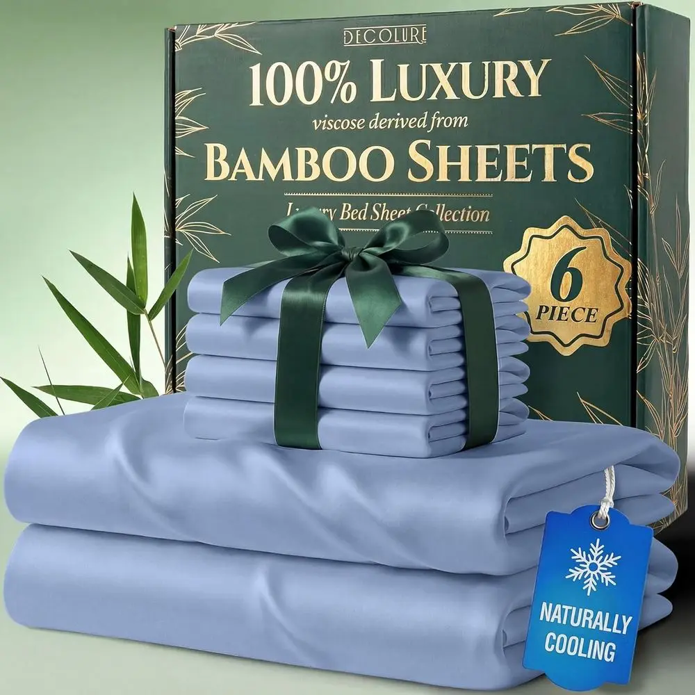 

Luxury 6-Piece Bamboo Viscose King Sheets Set - Cool, Soft, Deep Pocket, Durable Stitching, Oeko-Tex Certified (Light Blue)