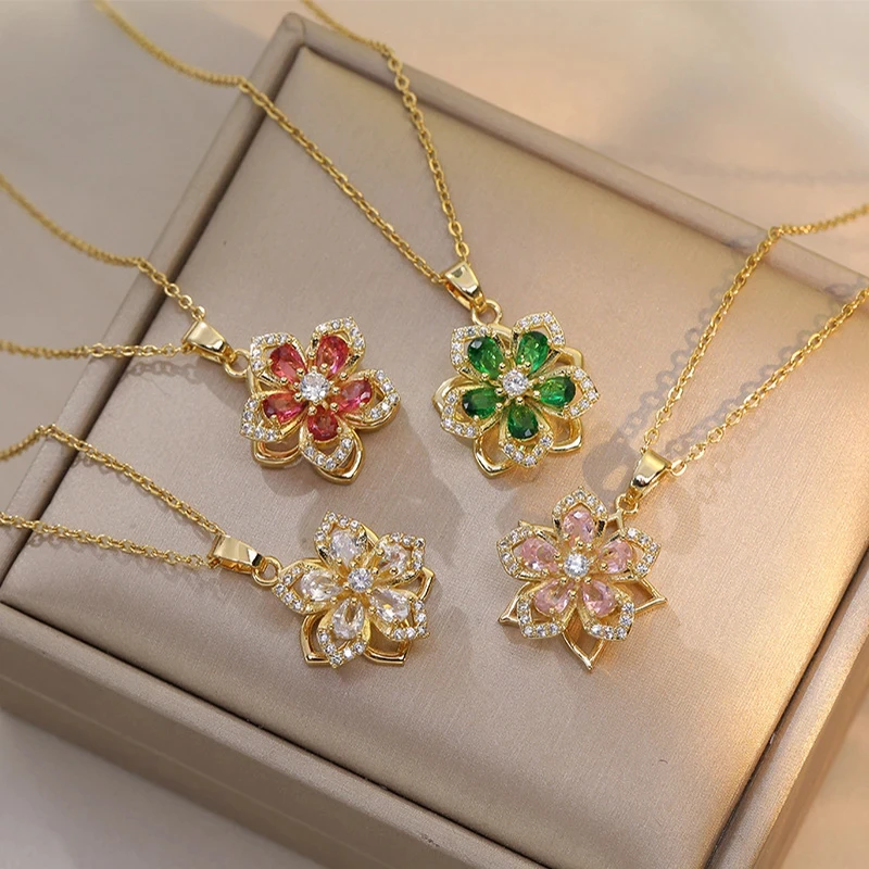 316L Stainless Steel Gold Plated Romantic Rotatable Flower Zirconia Pendant Necklace For Women Girls Charm Luxury Jewelry